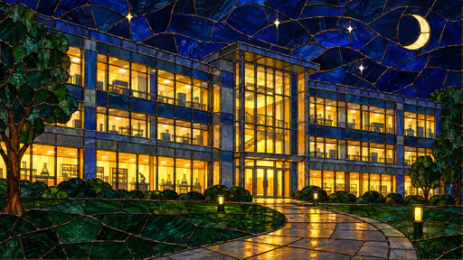 A modern three-storey college laboratory building glows with amber glass windows against an indigo glass night sky above a curving path.