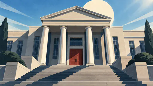A symmetrical college lecture hall portico with four tall columns and broad steps rendered as crisp cream, grey and navy planes under a pale sun disc.
