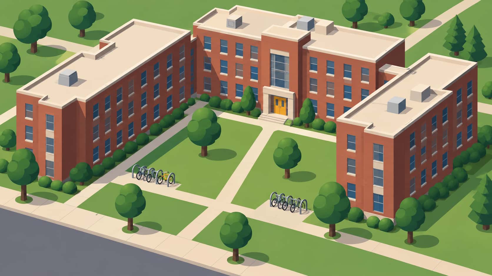 An isometric illustration of three brick college residence wings around a small green courtyard with a tree, footpath and bicycle racks.