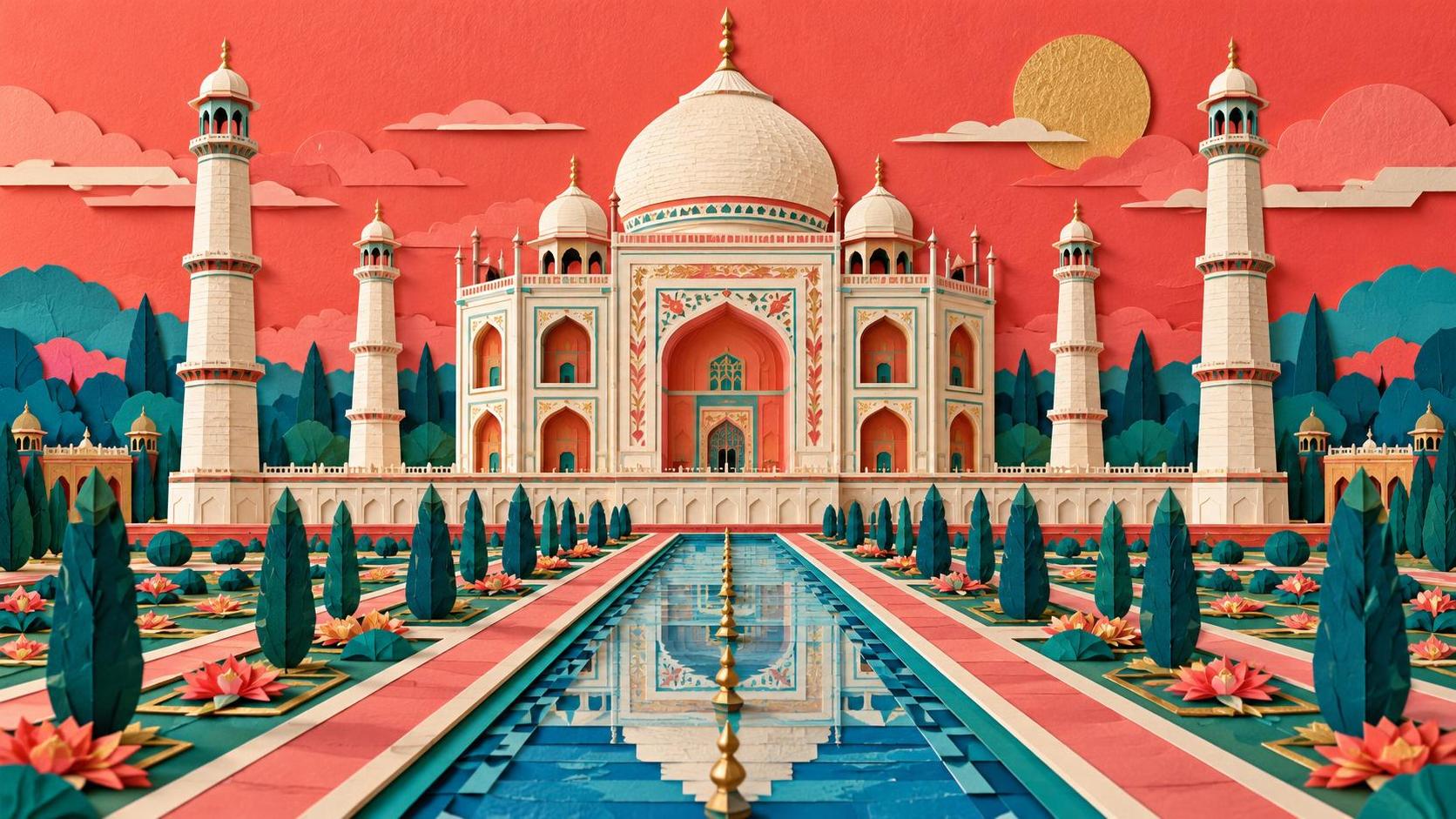 A colorful layered paper sculpture of the Taj Mahal with its central dome, four minarets and arched entrance built from stacked cut paper in white, coral, teal and gold above a layered blue paper reflecting pool.