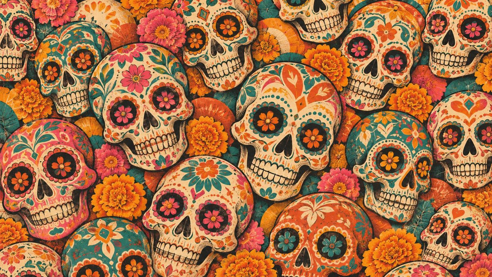 A repeating pattern of colorful stylized skulls with floral and geometric decoration.