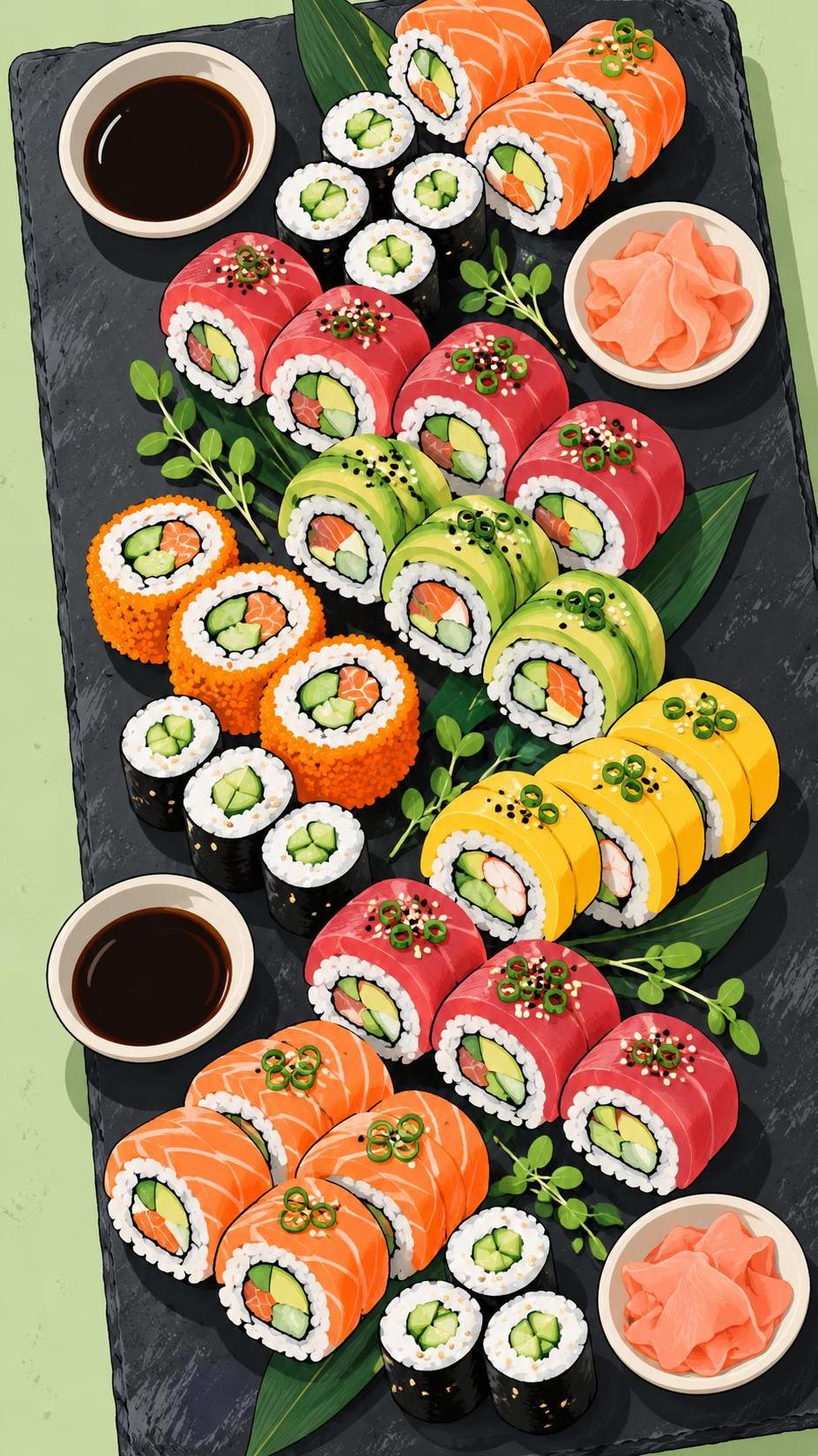 A rainbow sushi platter on a dark slate board with colorful rolls of salmon, tuna, avocado, cucumber, mango and tobiko beside small bowls of soy sauce and ginger.