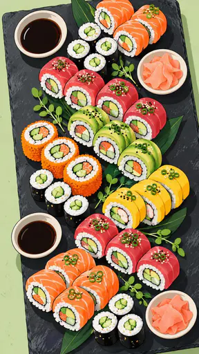 A rainbow sushi platter on a dark slate board with colorful rolls of salmon, tuna, avocado, cucumber, mango and tobiko beside small bowls of soy sauce and ginger.