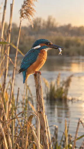 A common kingfisher with an orange chest and electric blue back perches on a weathered reed stem above a slow river at golden hour with a small silver fish in its beak.