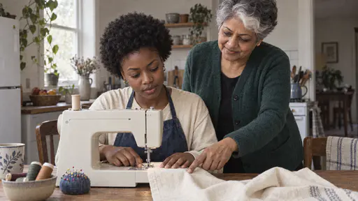 A young woman with a short natural afro sits at a small sewing machine feeding plain cream cloth under the needle while a South Asian woman with short silver-grey hair and a white streak stands beside her pointing at the seam line with spools and a pincushion on the table in soft side light.