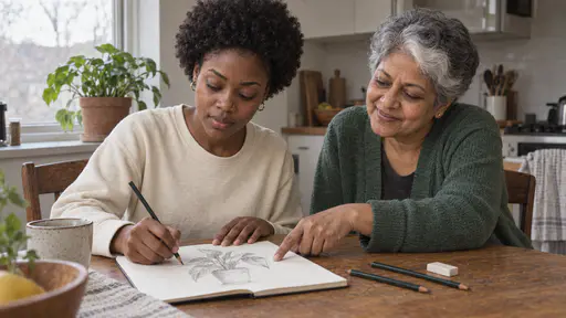 A young woman with a short natural afro holds a pencil sketching a potted plant in a plain blank sketchbook while a South Asian woman with short silver-grey hair and a white streak leans in pointing to one corner of the page at a kitchen table in even afternoon light.