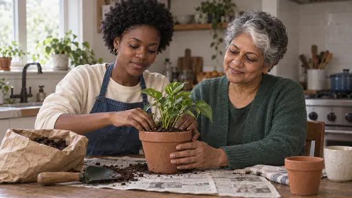 A South Asian woman with short silver-grey hair and a white streak steadies a terracotta pot with both hands while a young woman with a short natural afro presses fresh soil round a small green plant at a kitchen table on spread newspaper in soft morning window light.