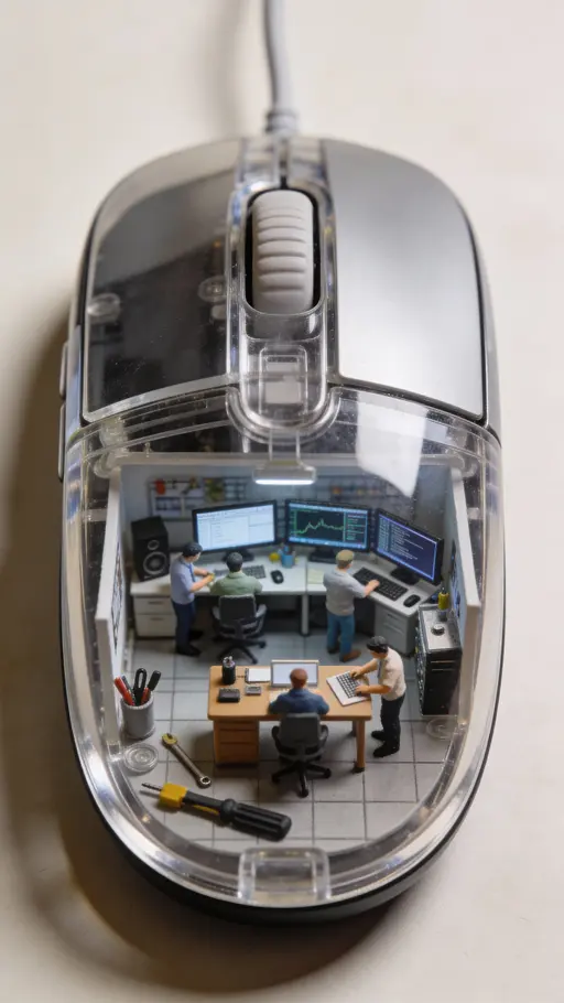 A vertical studio macro scene showing a clear-shelled computer mouse with tiny people arranging miniature desks, cables, and screens inside a realistic tech workspace with soft reflections and a neutral background.
