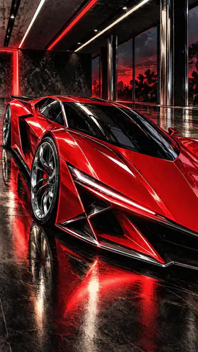 A sleek low futuristic concept sports car with sharp aerodynamic lines and glowing light signatures sits on a polished showroom floor with soft reflections.