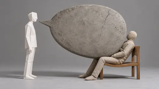 Words carry weight: side view of a concrete speech bubble with its tail toward a standing speaker, resting heavily on a seated listener lap and bowing the plain wooden bench, the listener feet braced, neutral studio light.
