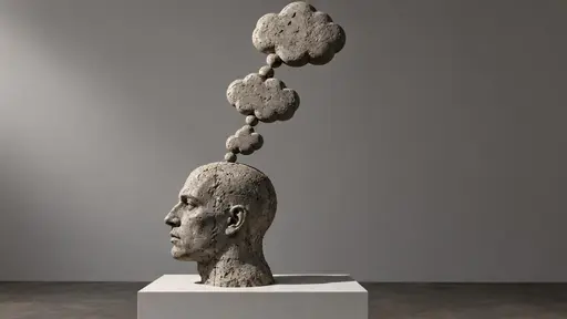 Concrete ideas: a sculpted head in profile on a gallery plinth with three rough grey concrete thought bubbles floating up from its crown, joined by a short chain of smaller concrete bubbles, strong raking light exposing casting seams and pitting against a plain backdrop.
