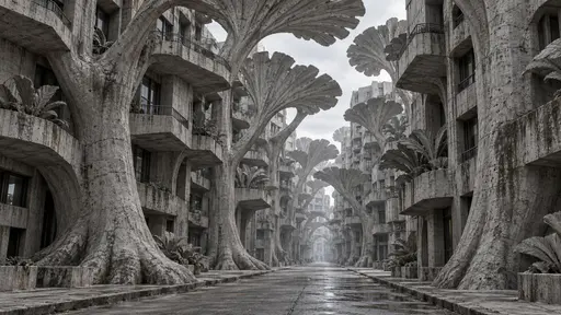 Concrete jungle: a street-level architectural fantasy where weathered grey concrete trunks rise from the pavement and branch into apartment towers with broad pitted concrete leaves, all one continuous masonry structure under flat overcast daylight.