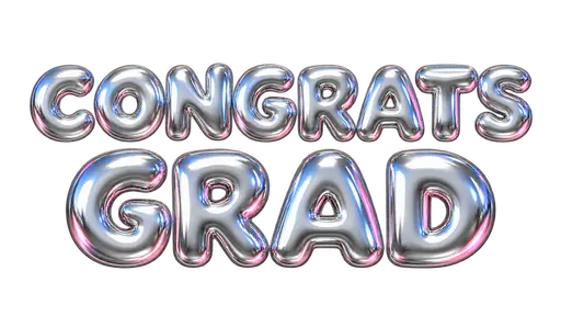The words CONGRATS above GRAD in puffy glossy chrome bubble capital letters in silver with blue and pink reflections, on a transparent background.