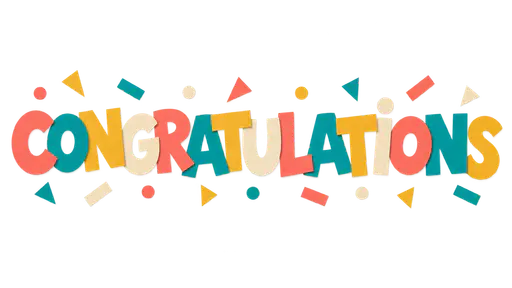 The word CONGRATULATIONS in separate cut paper capital letters in coral, teal, mustard and cream with small confetti scraps around it, on a transparent background.