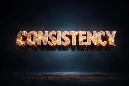 Floating word CONSISTENCY as cracked, internally glowing 3D lettering in a dark cinematic 3:2 poster-style composition with dramatic rim light and particles.