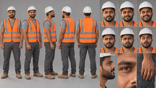 A 16:9 studio character sheet of a construction worker in a white hard hat, orange high-visibility vest with grey bands, grey t-shirt, dark work trousers and tan boots, shown in five full-body views, six expressions and three close details.