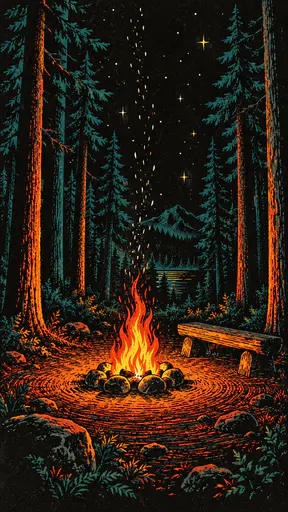A small controlled campfire in a ring of stones burns in vermilion, orange and lemon spot inks with chalky sparks among teal pines on black paper.