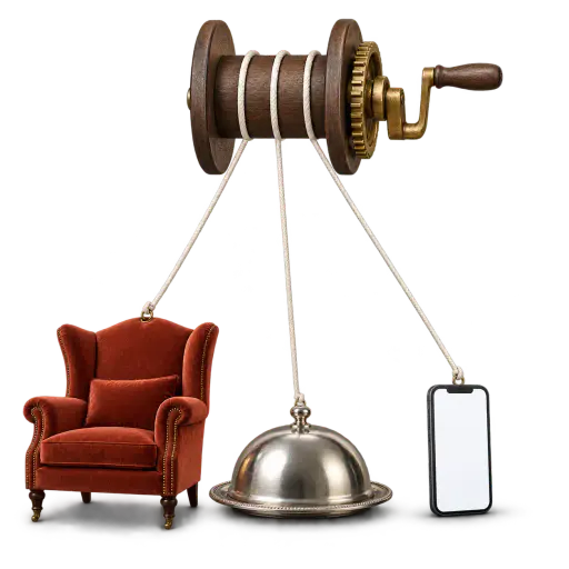 Convenience has invisible strings. A rust-red wingback armchair, a domed meal cloche on a silver tray and a glowing blank-screen smartphone rest in a row, each tethered by a fine taut white cord rising to a single walnut-and-brass winding spool, showing how effort-saving benefits can carry unnoticed dependencies.