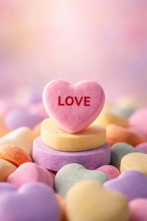 Vertical 2:3 cinematic macro of a single pink 'LOVE' candy heart sharply focused atop yellow and lavender hearts with a soft pastel background for text overlays.