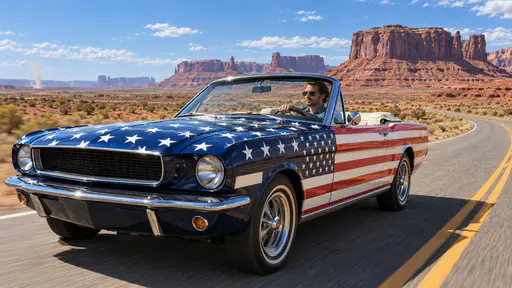 Adult driving a vintage convertible wrapped in flag stripes with a starry hood at midday. Thirteen stripes and a neat canton face the open road.
