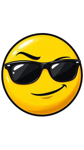 A bold graphic cartoon yellow smiley face wearing black sunglasses with a relaxed half smile, isolated on a transparent background.