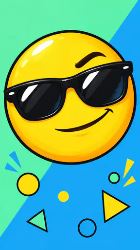 A bold graphic cartoon yellow smiley face wearing black sunglasses with a relaxed half smile on a flat mint green to sea blue backdrop with simple floating shapes.