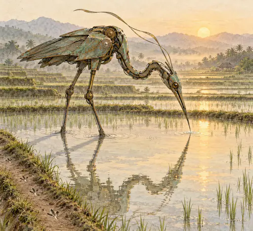 Technical field-sketch of a copper machine-heron with sensor crest wading in flooded green terraces at dawn, spare ink contour with light wash.