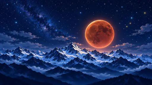 A total lunar eclipse with a deep copper red moon rises over a jagged mountain range with snow on the peaks under a starry sky.