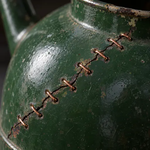 A diagonal crack across the shoulder of a green enamel watering can is closed by eight copper staples bent through drilled holes, chipped enamel exposing dark iron along the seam and old paint flecks near the rim.