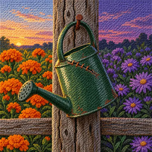 A needlepoint of a green enamel watering can with a stitched seam and copper staples hanging from a nail on a weathered fence post, marigolds under a sunset on the left and purple asters under a violet sky on the right.
