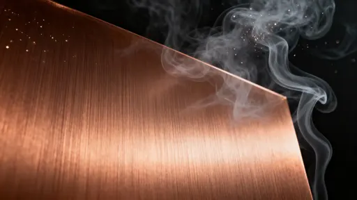 A brushed copper plane with fine directional grain sits front-and-center against translucent gray smoke wisps and deep charcoal tones, with pale metallic speckles and soft glancing light for an editorial background.