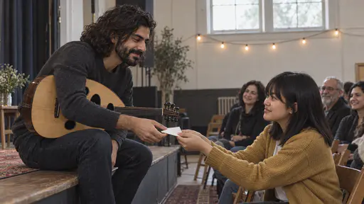 A petite young woman with a dark fringe in a mustard cardigan holds out a small blank folded slip of paper with both hands to a slim bearded musician who leans from the edge of a low stage with an oud across his knees.