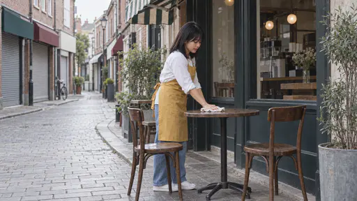 A petite woman with straight black hair and a full fringe in a mustard apron wipes a small round pavement table with a cloth beside two wooden chairs under a plain striped awning on a narrow brick shopping street in bright morning light.