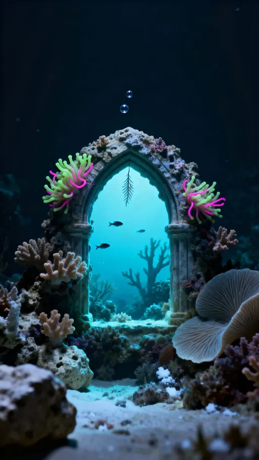A cathedral-like coral arch frames a glowing aperture of tiny fish silhouettes and bioluminescent polyps in cerulean, lime, and fuchsia, with shallow foreground rock and a deep void, centered in 9:16 with soft reserved edges.