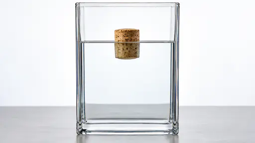 A cork stopper floats at the waterline in a tall clear glass tank of water on a pale bench in front of a bright diffused backdrop, about a third of it above the water and the rest below.