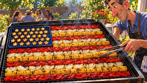 Backyard grill with corn and peppers as flag stripes and star cut potatoes as blue canton.