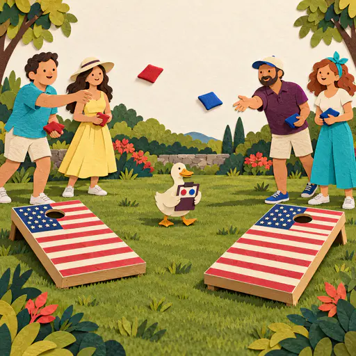 Cornhole boards painted as flags on grass with adults tossing red and blue beanbags. Thirteen stripes and a neat canton fire the crowd.