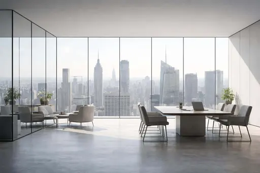 Minimalist corporate office interior photographed in a 3:2 aspect ratio with glass walls, a framed city skyline view, and calm daylight mood for poster or background use.