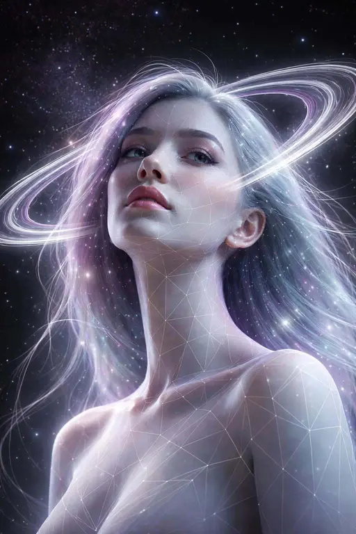 Close-up 3:2 portrait of a female cosmic bust rendered as a 3D scene with wireframe overlay, starfield background and ethereal glowing hair, for wallpaper use.