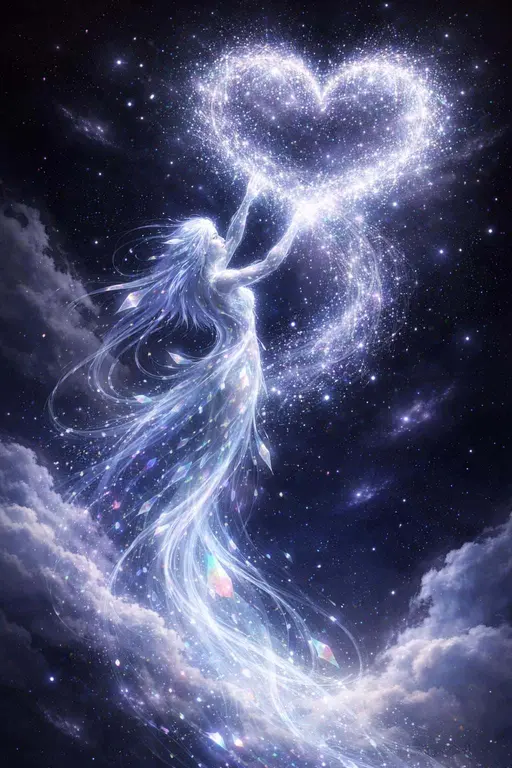 A vertical 2:3 surreal scene of a liquid-moonlight cosmic sprite of shimmering crystal shards ascending through a deep indigo sky as it sculpts a giant silver-stardust heart against a near-black galaxy-filled void.