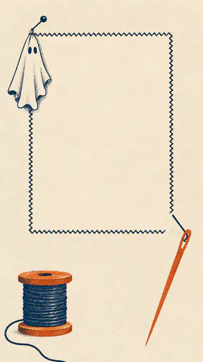 Risograph-style Halloween craft workshop poster background: an oversized flat-ink sewing needle stitches a navy zigzag border around a large empty cream panel, a small white ghost costume hangs from one corner, a thread spool rests below, printed in burnt orange, navy and leaf green on cream paper.