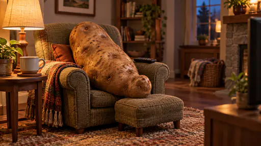 Couch potato: An oversized russet potato reclining in a small upholstered armchair with an ottoman and television remote in a warm cozy living room.