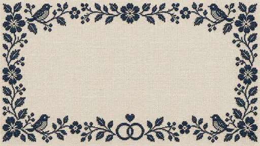 A wide light linen card background with a dark navy counted-stitch border of flowers, leaves and small birds along the four edges, two interlocking rings and a small heart at the bottom centre and a large plain linen middle.