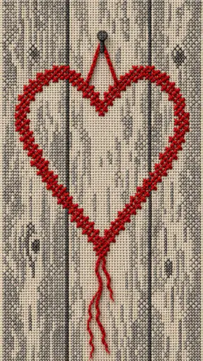 A single red wool heart outline hangs from a nail on a weathered grey wooden plank wall, stitched in counted cross stitch with loose wool strands trailing down.
