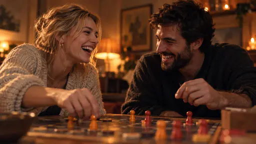 A blonde adult woman and a dark haired bearded man lean toward each other across a board game table laughing with orange and red pawns on a dark board in a dim warm interior.