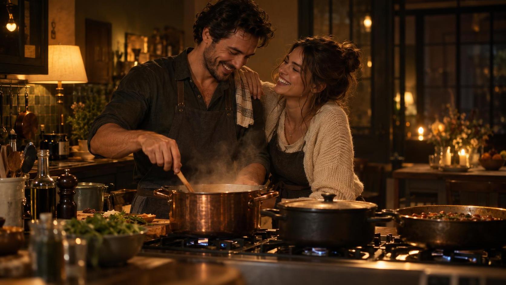 A couple laughing and cooking at a kitchen stove with pots in a warm dark kitchen.