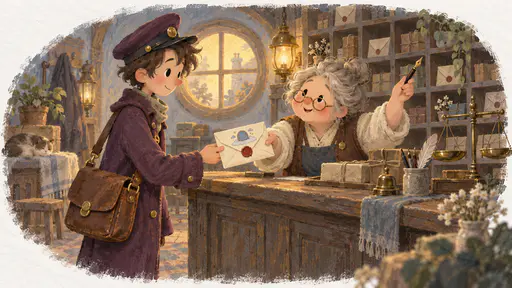 A lanky courier in a plum-coloured coat and brass-buttoned cap takes a sealed cream envelope with a drawn blue door on a cloud from a round-spectacled clerk at a tiny wooden post-office counter, pigeonholes and a brass scale behind them.