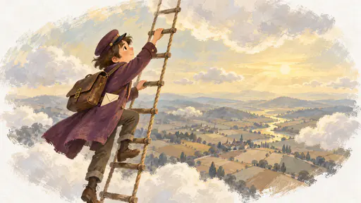 A lanky courier in a plum-coloured coat and brass-buttoned cap with a leather satchel climbs a very long rope ladder hanging from a soft white cloud above a patchwork valley, looking up at the next rung in pale gold light.
