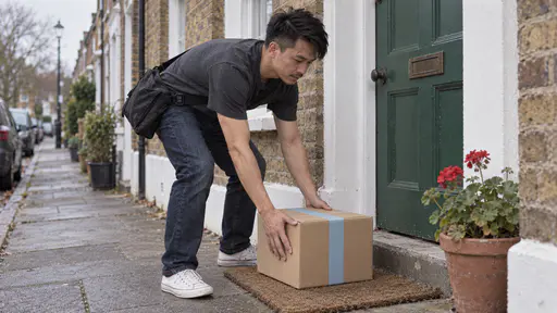 A wiry courier with swept black hair, a thin moustache and a charcoal t-shirt bends to set a sealed medium brown parcel on the welcome mat of a closed painted green front door beside a potted geranium in soft afternoon light.