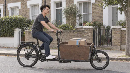A wiry courier with swept black hair, a thin moustache and a charcoal t-shirt pedals a plain cargo bike down a sunlit street of terraced houses with a sealed medium brown parcel strapped in the wooden front box with an elastic cord.
